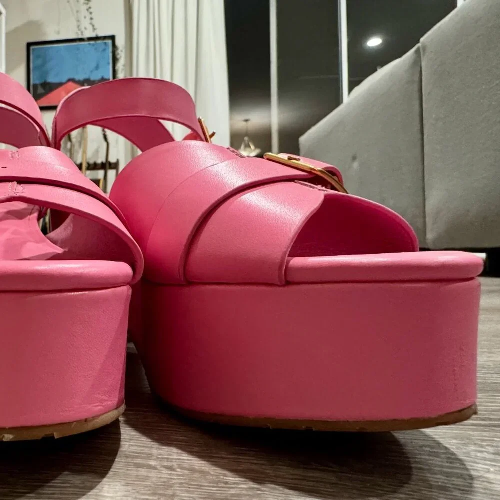 Charlotte Stone Pink Platform Sandals with Gold Buckles